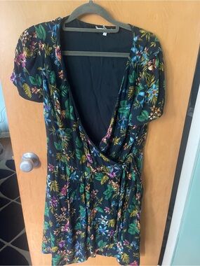 Willow & Clay Black Floral Wrap Dress with Green & Blue Leaf Print